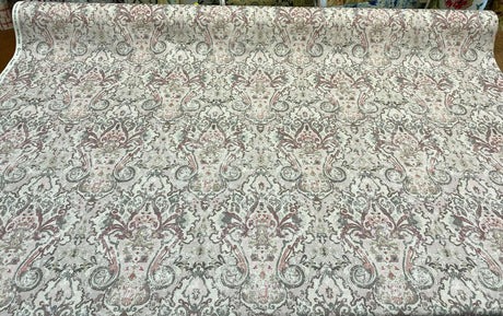 Mazely Damask Ancient Pinkish Cotton Fabric - Digital Print, Off White Cream Light Pink Purple Shade, Gray, 56" Width (1 Yard)