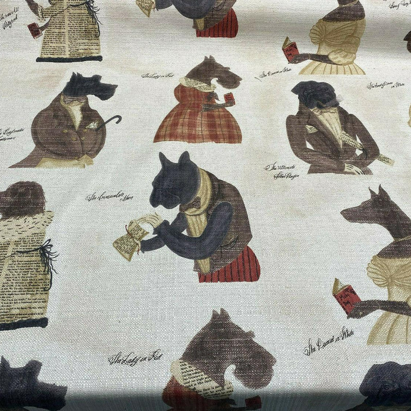 Fancy Nautical Dogs Linen Blend Fabric - Whimsical Dog Print, Black Red Brown Ivory, 56" Width (1 Yard)