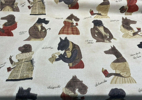 Fancy Nautical Dogs Linen Blend Fabric - Whimsical Dog Print, Black Red Brown Ivory, 56" Width (1 Yard)