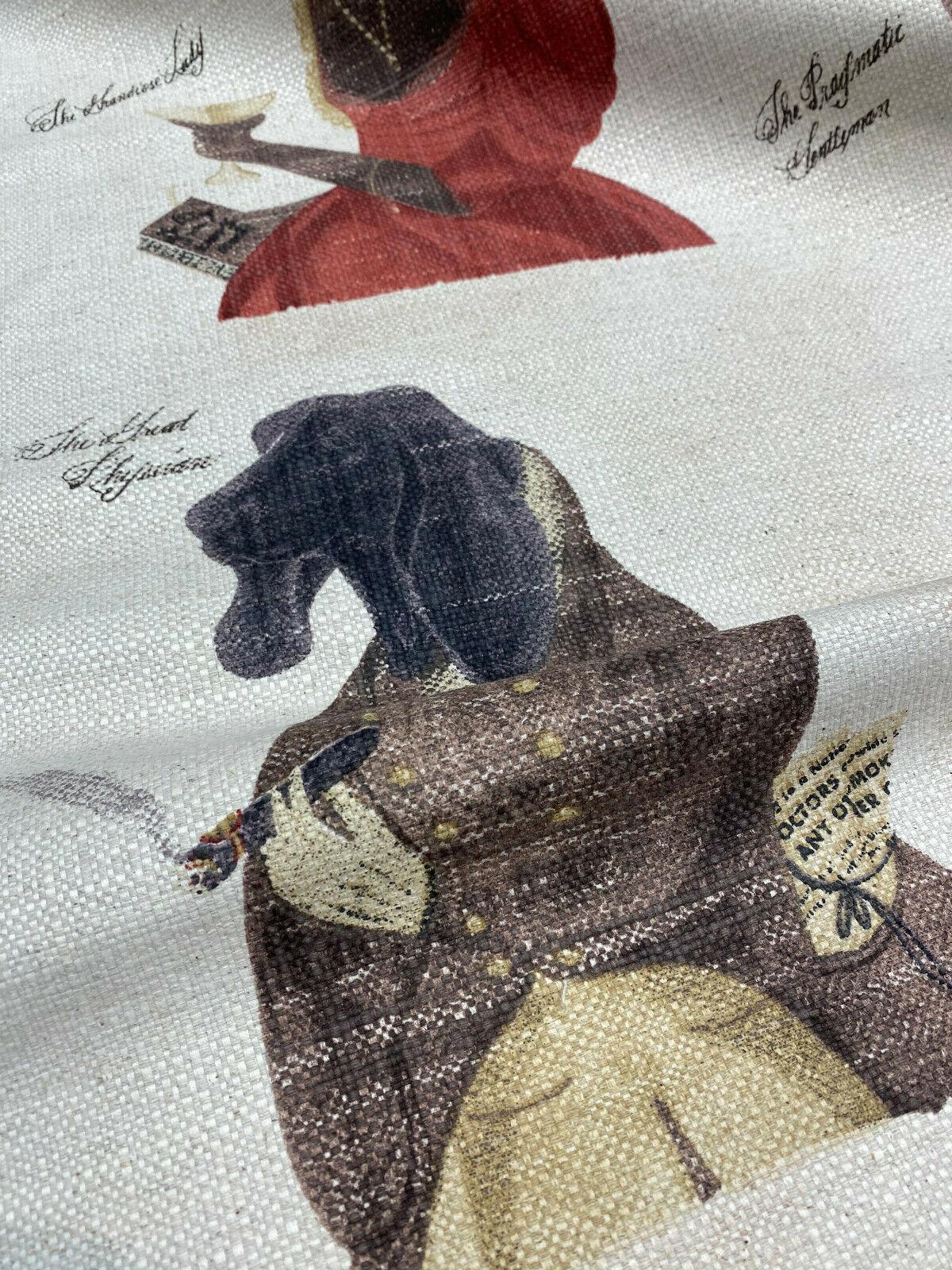 Fancy Nautical Dogs Linen Blend Fabric - Whimsical Dog Print, Black Red Brown Ivory, 56" Width (1 Yard)