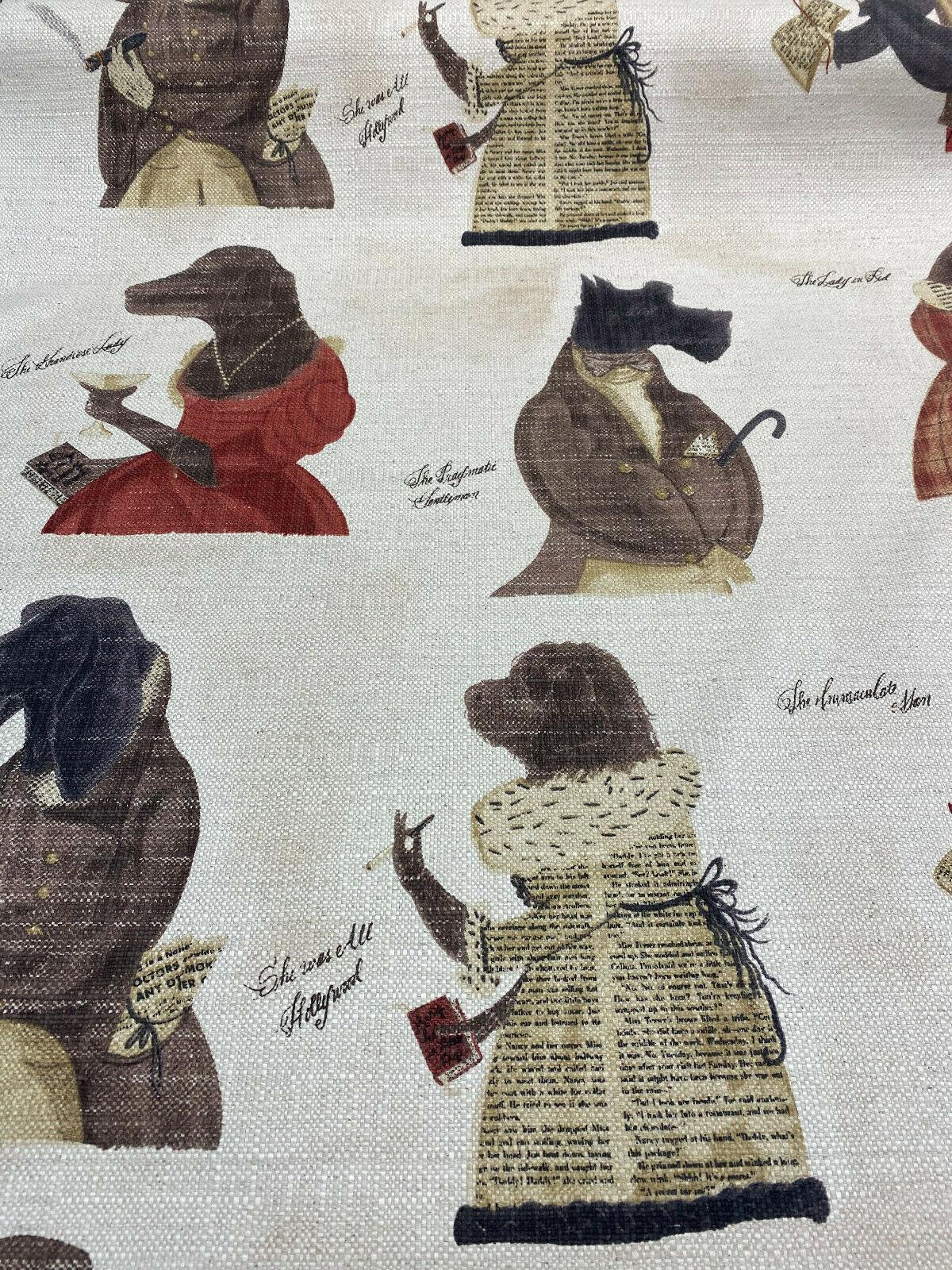 Fancy Nautical Dogs Linen Blend Fabric - Whimsical Dog Print, Black Red Brown Ivory, 56" Width (1 Yard)