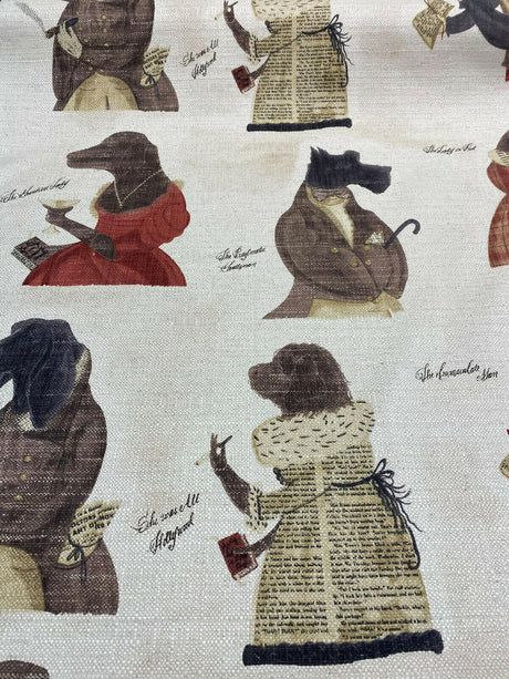 Fancy Nautical Dogs Linen Blend Fabric - Whimsical Dog Print, Black Red Brown Ivory, 56" Width (1 Yard)