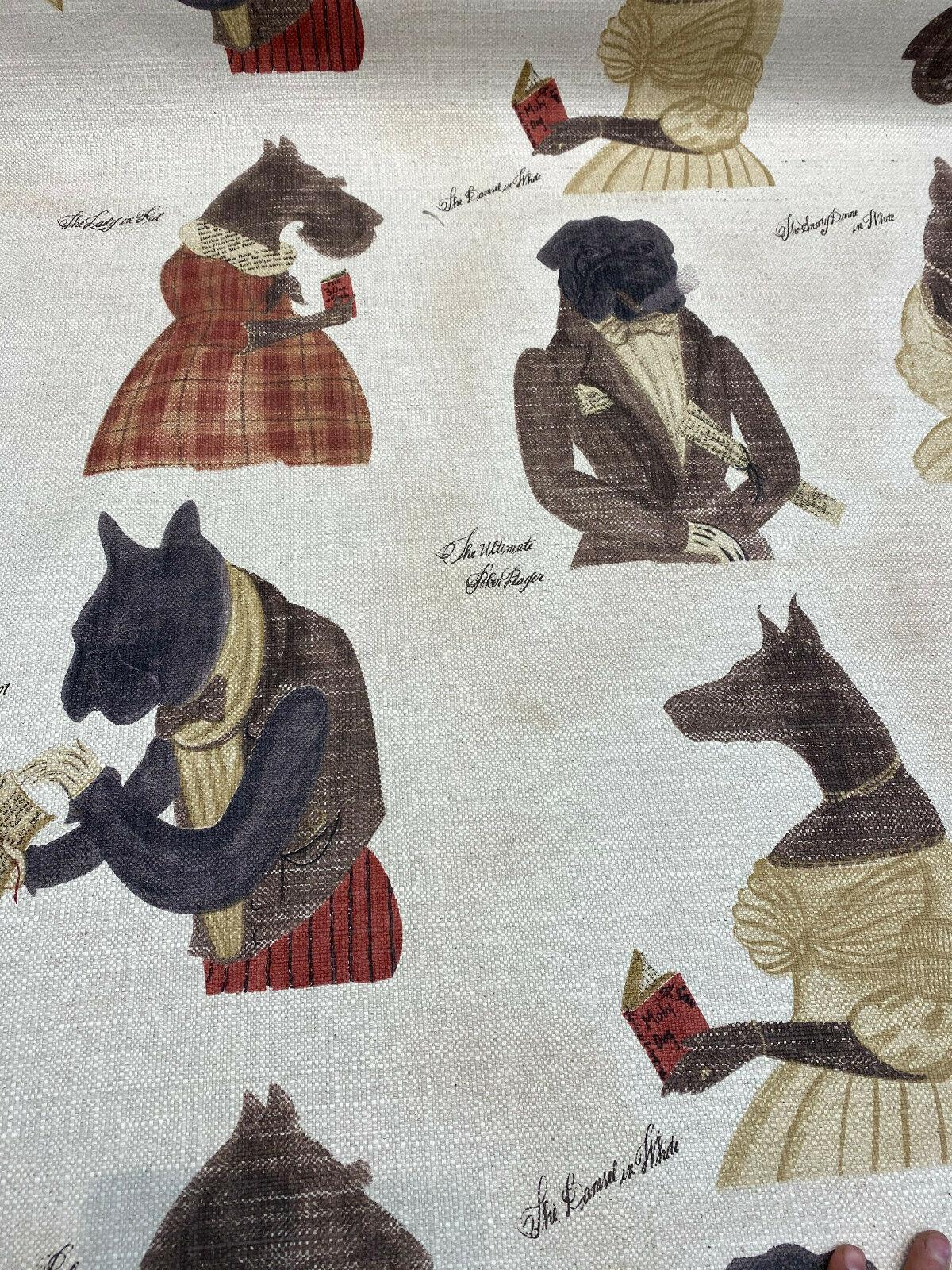 Fancy Nautical Dogs Linen Blend Fabric - Whimsical Dog Print, Black Red Brown Ivory, 56" Width (1 Yard)