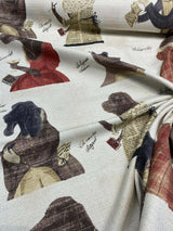 Fancy Nautical Dogs Linen Blend Fabric - Whimsical Dog Print, Black Red Brown Ivory, 56" Width (1 Yard)