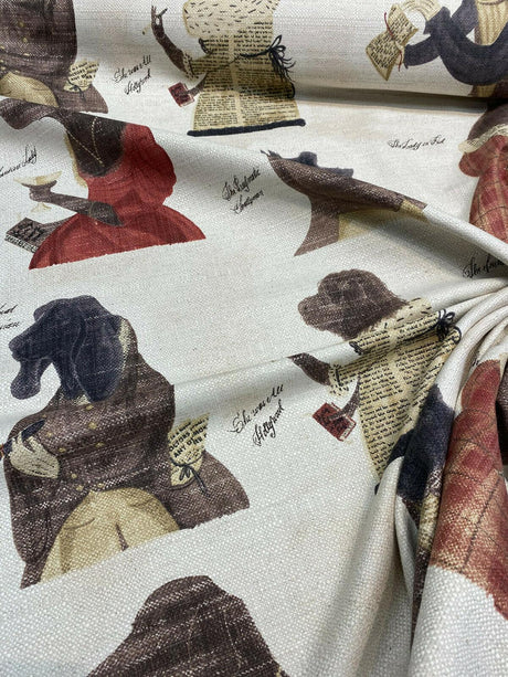 Fancy Nautical Dogs Linen Blend Fabric - Whimsical Dog Print, Black Red Brown Ivory, 56" Width (1 Yard)