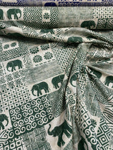 Bengala Green Elephant Cotton Fabric - Digital Print, Green On Beige White Background, 56" Width, 220 Gr/M2, 25.5" Horizontal Repeat, 24.5" Vertical Repeat (1 Yard)