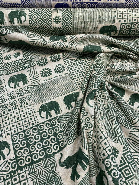 Bengala Green Elephant Cotton Fabric - Digital Print, Green On Beige White Background, 56" Width, 220 Gr/M2, 25.5" Horizontal Repeat, 24.5" Vertical Repeat (1 Yard)