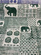 Bengala Green Elephant Cotton Fabric - Digital Print, Green On Beige White Background, 56" Width, 220 Gr/M2, 25.5" Horizontal Repeat, 24.5" Vertical Repeat (1 Yard)