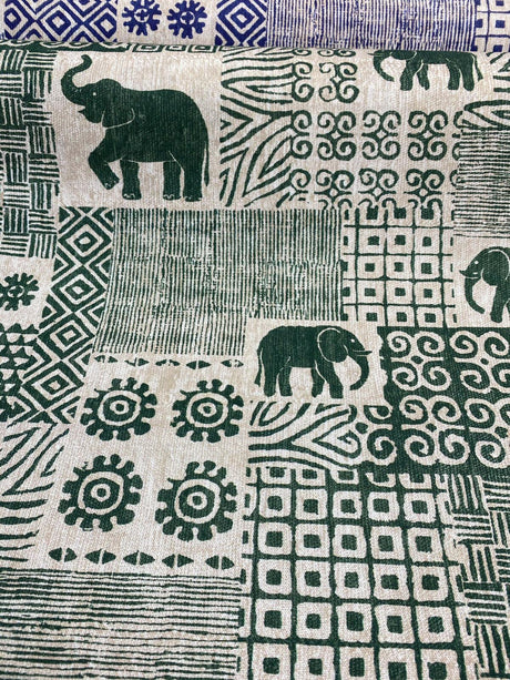 Bengala Green Elephant Cotton Fabric - Digital Print, Green On Beige White Background, 56" Width, 220 Gr/M2, 25.5" Horizontal Repeat, 24.5" Vertical Repeat (1 Yard)