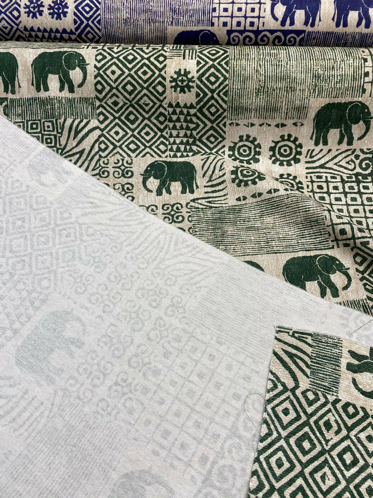 Bengala Green Elephant Cotton Fabric - Digital Print, Green On Beige White Background, 56" Width, 220 Gr/M2, 25.5" Horizontal Repeat, 24.5" Vertical Repeat (1 Yard)