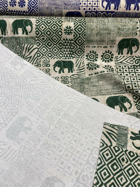 Bengala Green Elephant Cotton Fabric - Digital Print, Green On Beige White Background, 56" Width, 220 Gr/M2, 25.5" Horizontal Repeat, 24.5" Vertical Repeat (1 Yard)