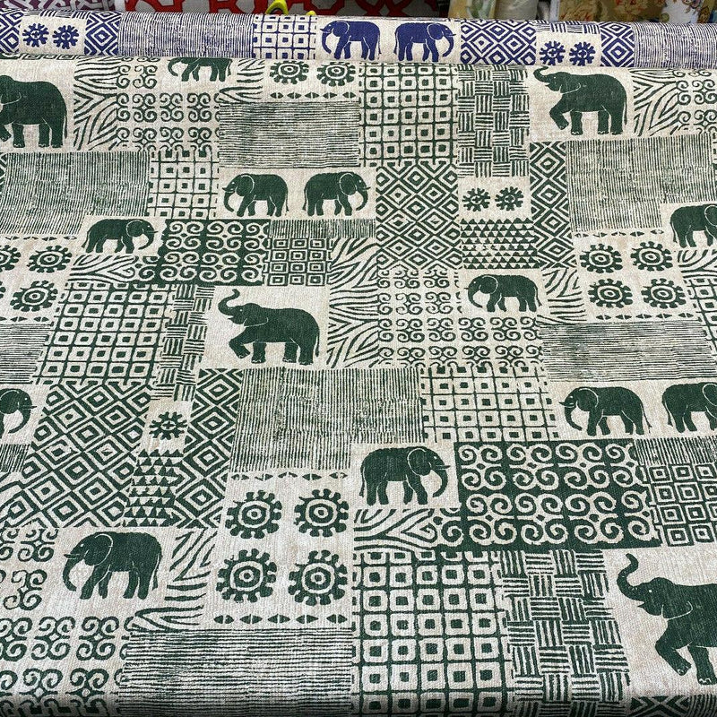 Bengala Green Elephant Cotton Fabric - Digital Print, Green On Beige White Background, 56" Width, 220 Gr/M2, 25.5" Horizontal Repeat, 24.5" Vertical Repeat (1 Yard)