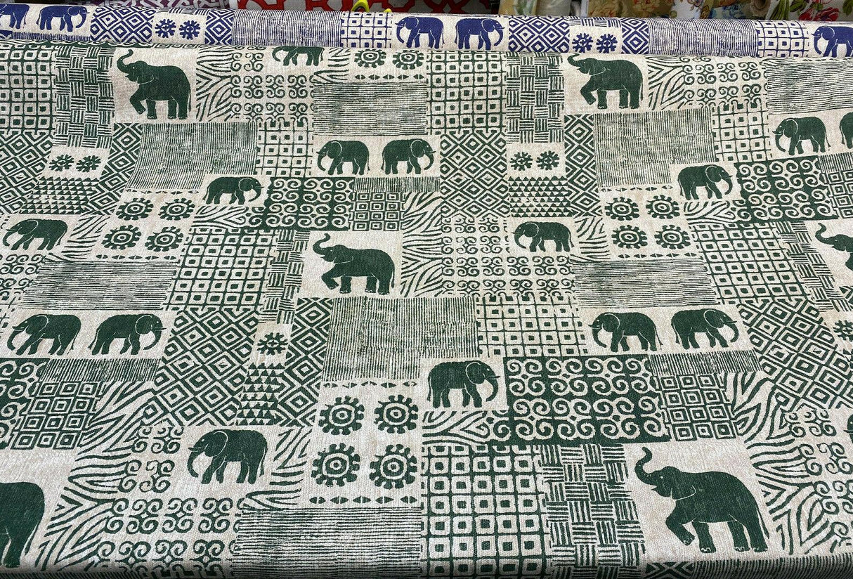 Bengala Green Elephant Cotton Fabric - Digital Print, Green On Beige White Background, 56" Width, 220 Gr/M2, 25.5" Horizontal Repeat, 24.5" Vertical Repeat (1 Yard)