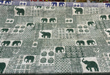 Bengala Green Elephant Cotton Fabric - Digital Print, Green On Beige White Background, 56" Width, 220 Gr/M2, 25.5" Horizontal Repeat, 24.5" Vertical Repeat (1 Yard)