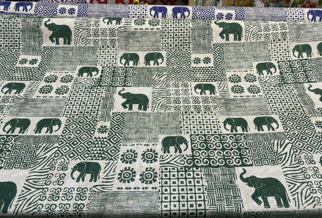 Bengala Green Elephant Cotton Fabric - Digital Print, Green On Beige White Background, 56" Width, 220 Gr/M2, 25.5" Horizontal Repeat, 24.5" Vertical Repeat (1 Yard)