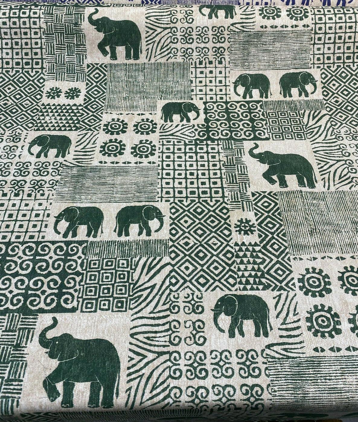 Bengala Green Elephant Cotton Fabric - Digital Print, Green On Beige White Background, 56" Width, 220 Gr/M2, 25.5" Horizontal Repeat, 24.5" Vertical Repeat (1 Yard)
