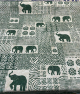 Bengala Green Elephant Cotton Fabric - Digital Print, Green On Beige White Background, 56" Width, 220 Gr/M2, 25.5" Horizontal Repeat, 24.5" Vertical Repeat (1 Yard)