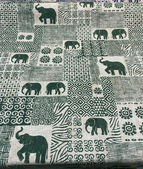 Bengala Green Elephant Cotton Fabric - Digital Print, Green On Beige White Background, 56" Width, 220 Gr/M2, 25.5" Horizontal Repeat, 24.5" Vertical Repeat (1 Yard)
