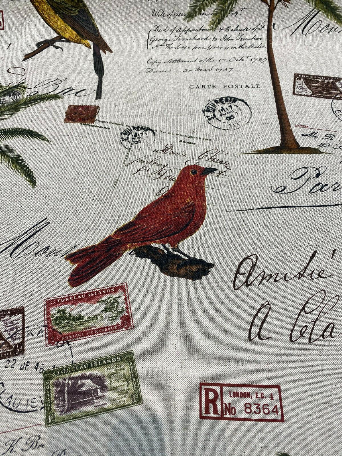 Amitie Song Birds Cotton Polyester Fabric - Red Green Palm Tree, Linen Color Background, 56" Width, 24.5" Vertical Repeat, 27" Horizontal Repeat (1 Yard)