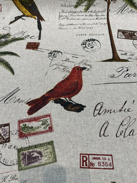 Amitie Song Birds Cotton Polyester Fabric - Red Green Palm Tree, Linen Color Background, 56" Width, 24.5" Vertical Repeat, 27" Horizontal Repeat (1 Yard)