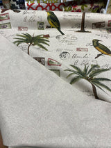 Amitie Song Birds Cotton Polyester Fabric - Red Green Palm Tree, Linen Color Background, 56" Width, 24.5" Vertical Repeat, 27" Horizontal Repeat (1 Yard)