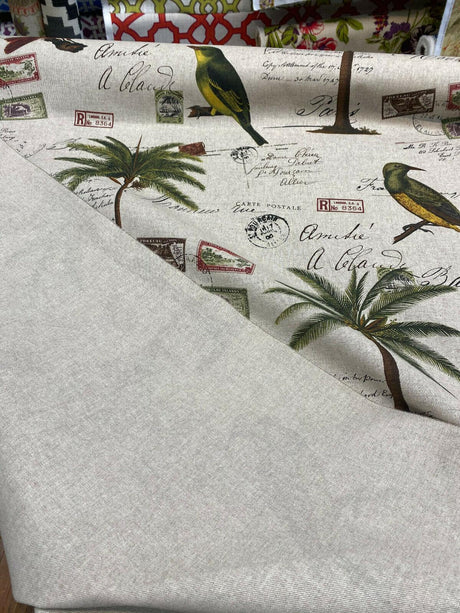 Amitie Song Birds Cotton Polyester Fabric - Red Green Palm Tree, Linen Color Background, 56" Width, 24.5" Vertical Repeat, 27" Horizontal Repeat (1 Yard)