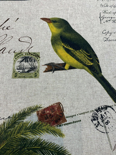 Amitie Song Birds Cotton Polyester Fabric - Red Green Palm Tree, Linen Color Background, 56" Width, 24.5" Vertical Repeat, 27" Horizontal Repeat (1 Yard)