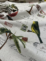 Amitie Song Birds Cotton Polyester Fabric - Red Green Palm Tree, Linen Color Background, 56" Width, 24.5" Vertical Repeat, 27" Horizontal Repeat (1 Yard)