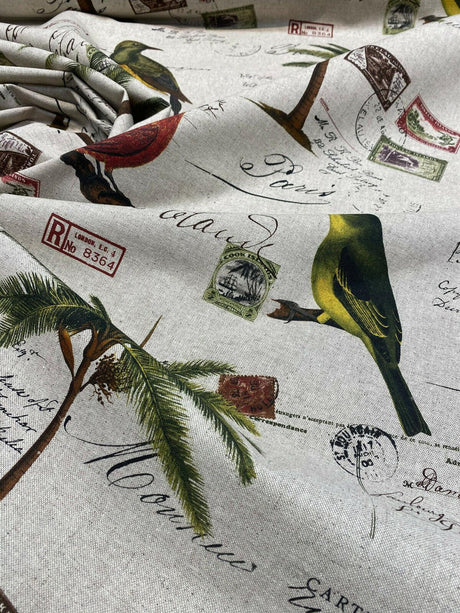Amitie Song Birds Cotton Polyester Fabric - Red Green Palm Tree, Linen Color Background, 56" Width, 24.5" Vertical Repeat, 27" Horizontal Repeat (1 Yard)