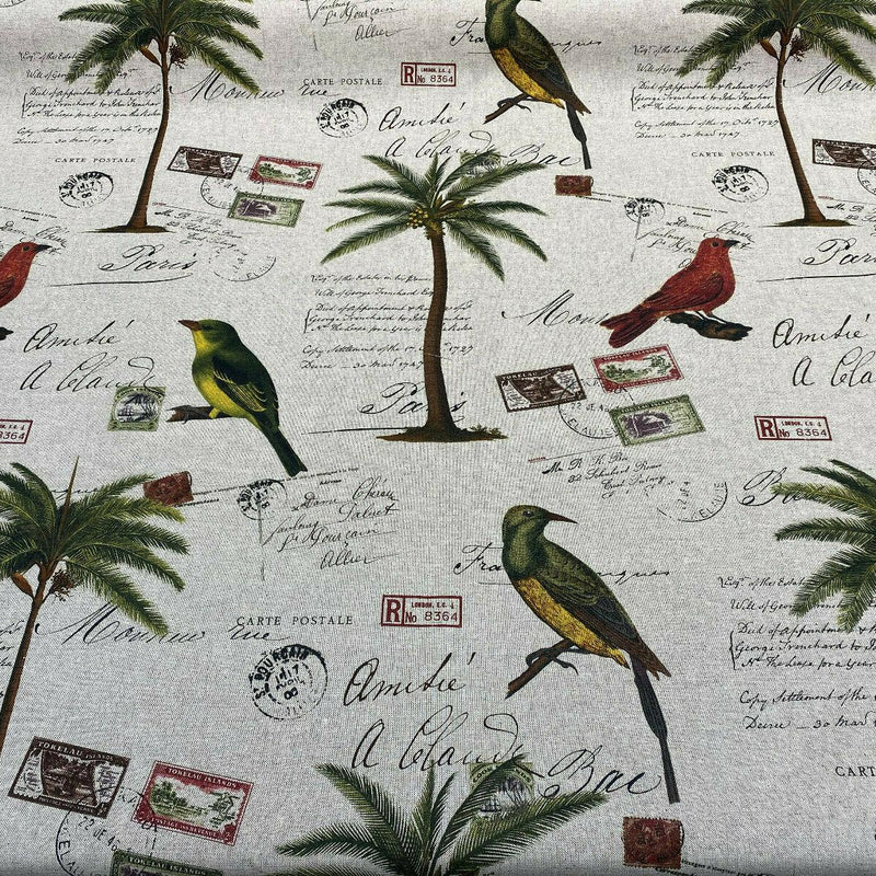 Amitie Song Birds Cotton Polyester Fabric - Red Green Palm Tree, Linen Color Background, 56" Width, 24.5" Vertical Repeat, 27" Horizontal Repeat (1 Yard)