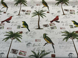 Amitie Song Birds Cotton Polyester Fabric - Red Green Palm Tree, Linen Color Background, 56" Width, 24.5" Vertical Repeat, 27" Horizontal Repeat (1 Yard)
