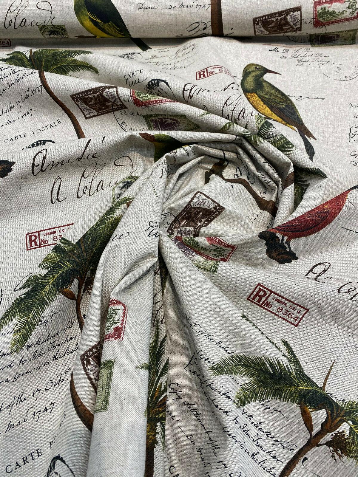 Amitie Song Birds Cotton Polyester Fabric - Red Green Palm Tree, Linen Color Background, 56" Width, 24.5" Vertical Repeat, 27" Horizontal Repeat (1 Yard)