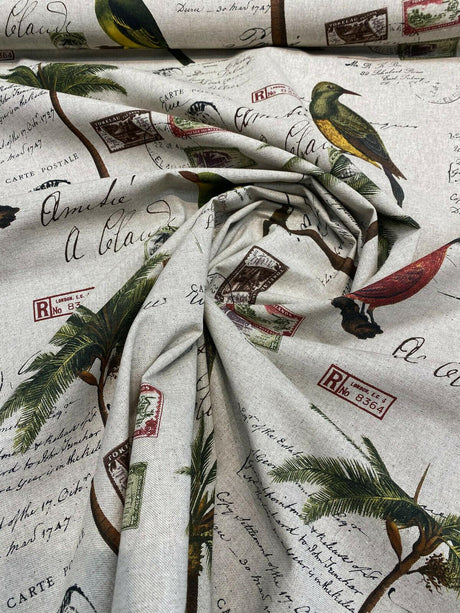 Amitie Song Birds Cotton Polyester Fabric - Red Green Palm Tree, Linen Color Background, 56" Width, 24.5" Vertical Repeat, 27" Horizontal Repeat (1 Yard)
