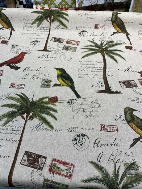 Amitie Song Birds Cotton Polyester Fabric - Red Green Palm Tree, Linen Color Background, 56" Width, 24.5" Vertical Repeat, 27" Horizontal Repeat (1 Yard)