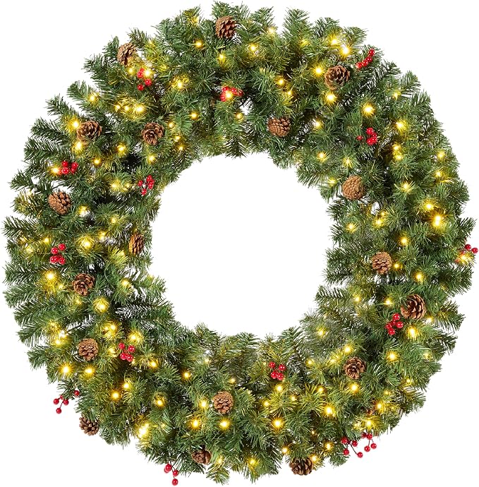 Best Choice Products 30in Large Artificial Pre-Lit Fir Christmas Wreath Holiday Accent Decoration w/ 100 LED Lights, 220 PVC Tips