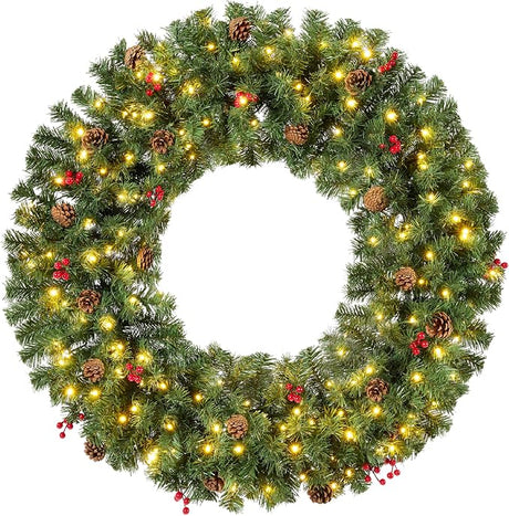 Best Choice Products 30in Large Artificial Pre-Lit Fir Christmas Wreath Holiday Accent Decoration w/ 100 LED Lights, 220 PVC Tips