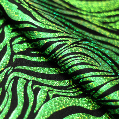 Roxy Zebra Nylon Spandex Fabric - Sparkly Hologram Zebra Print, Fuchsia, Green, Red, Silver, Gold On Black, 58-60" Width (1 Yard)
