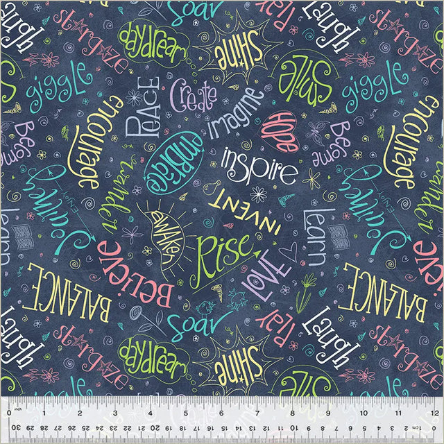 Cotton Print Fabric Blue Navy Noteworthy Aspirations 44/45"