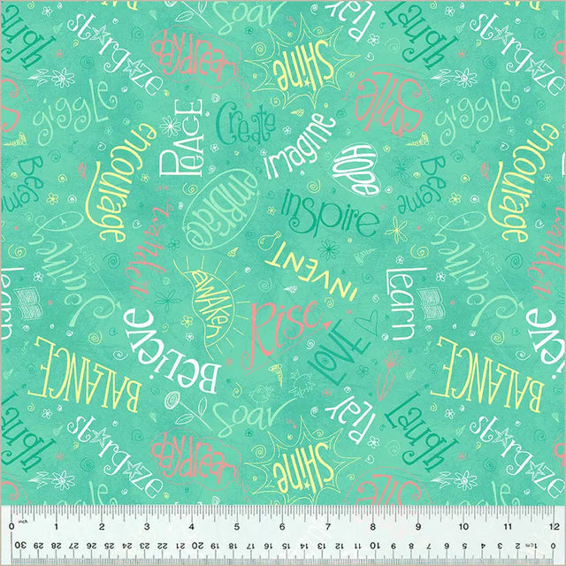 Cotton Print Fabric Green Turquoise Noteworthy Aspirations 44/45