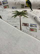 Amitie Song Birds Cotton Polyester Fabric - Blue Green Palm Trees, Linen Background, 56" Width (1 Yard)