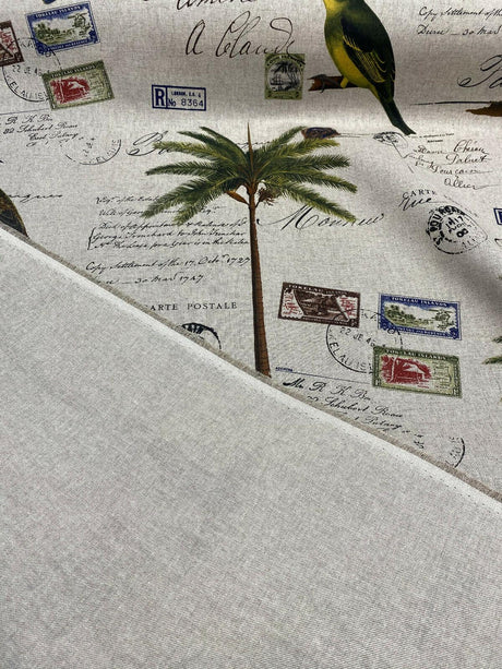 Amitie Song Birds Cotton Polyester Fabric - Blue Green Palm Trees, Linen Background, 56" Width (1 Yard)