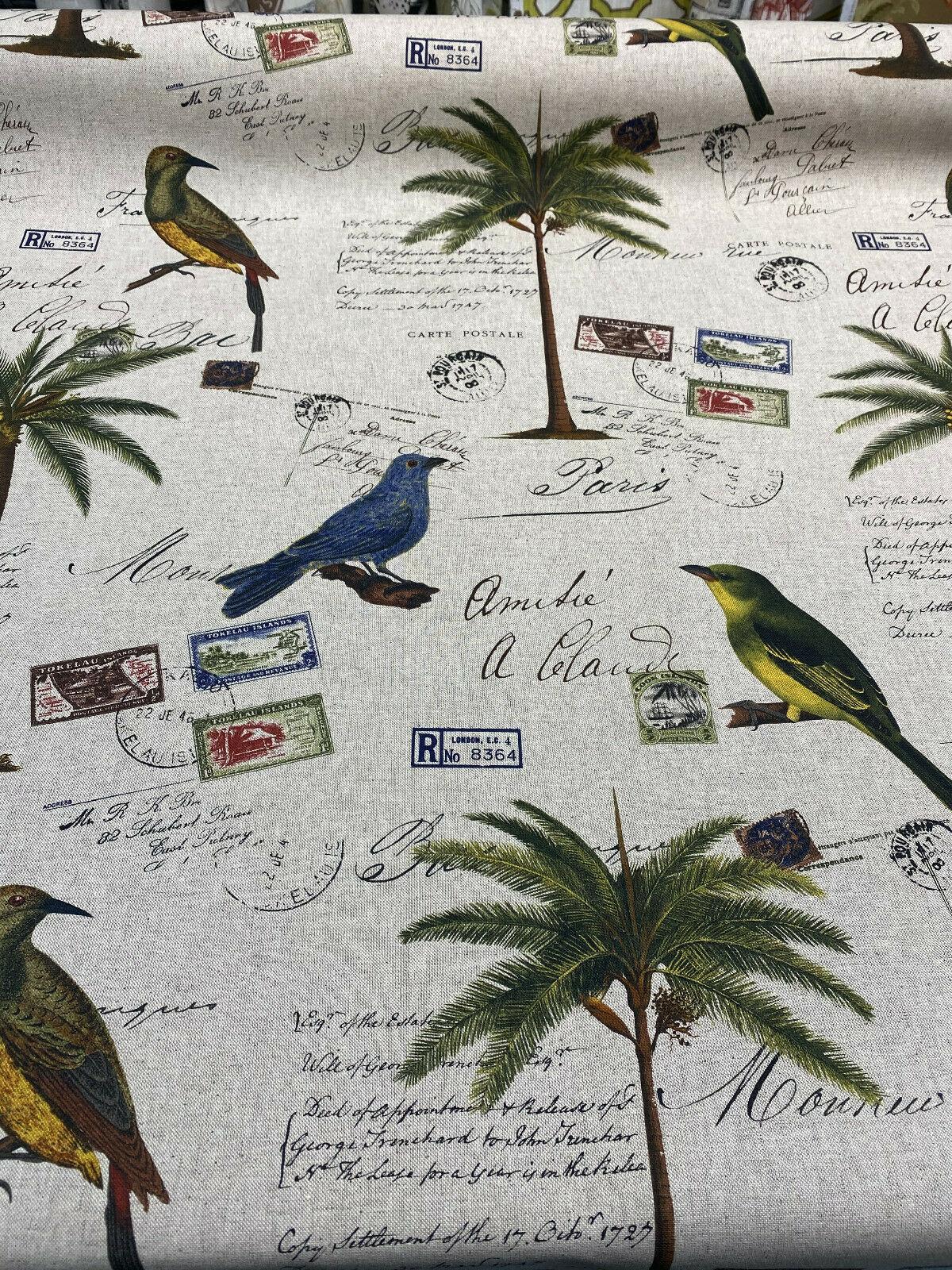 Amitie Song Birds Cotton Polyester Fabric - Blue Green Palm Trees, Linen Background, 56" Width (1 Yard)