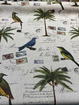 Amitie Song Birds Cotton Polyester Fabric - Blue Green Palm Trees, Linen Background, 56" Width (1 Yard)