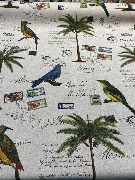 Amitie Song Birds Cotton Polyester Fabric - Blue Green Palm Trees, Linen Background, 56" Width (1 Yard)