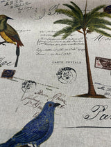 Amitie Song Birds Cotton Polyester Fabric - Blue Green Palm Trees, Linen Background, 56" Width (1 Yard)