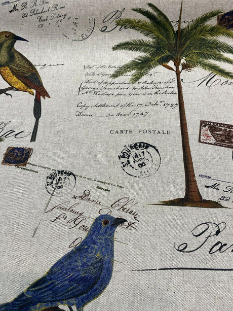 Amitie Song Birds Cotton Polyester Fabric - Blue Green Palm Trees, Linen Background, 56" Width (1 Yard)