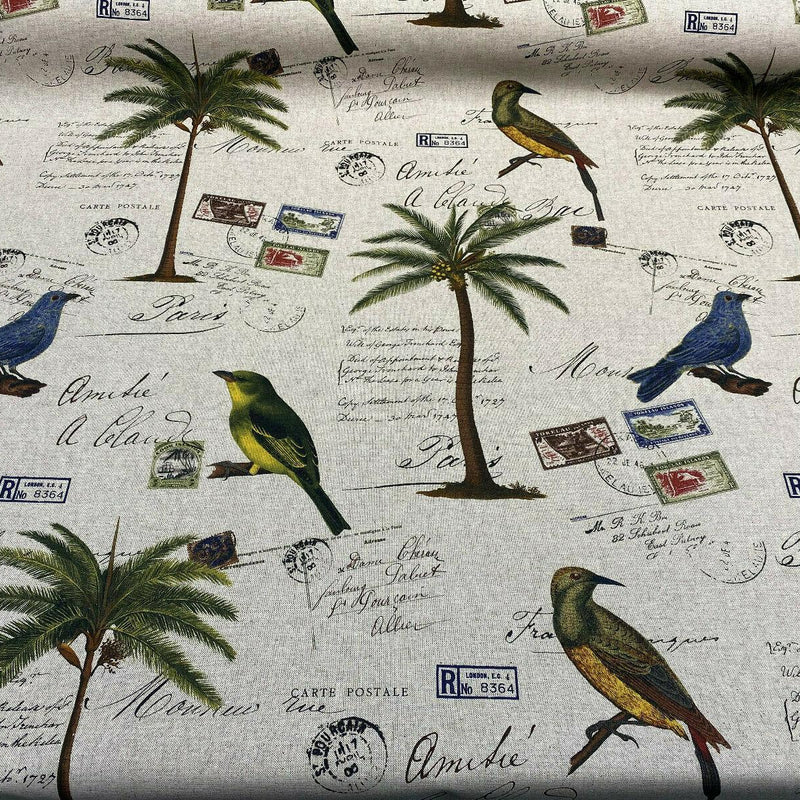 Amitie Song Birds Cotton Polyester Fabric - Blue Green Palm Trees, Linen Background, 56" Width (1 Yard)