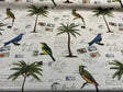 Amitie Song Birds Cotton Polyester Fabric - Blue Green Palm Trees, Linen Background, 56" Width (1 Yard)