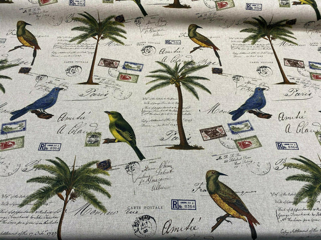 Amitie Song Birds Cotton Polyester Fabric - Blue Green Palm Trees, Linen Background, 56" Width (1 Yard)