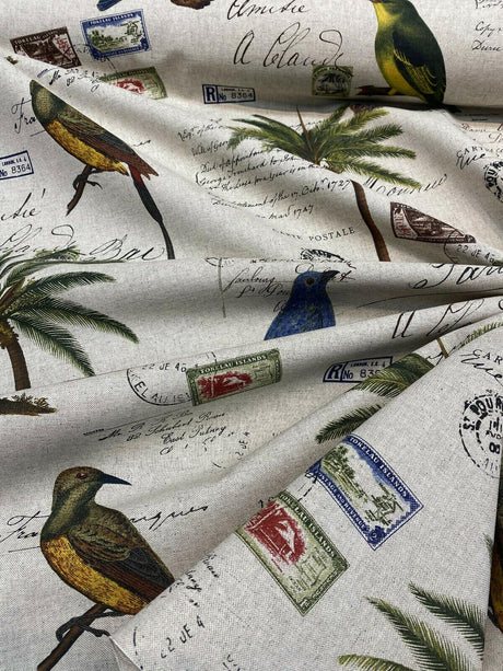 Amitie Song Birds Cotton Polyester Fabric - Blue Green Palm Trees, Linen Background, 56" Width (1 Yard)